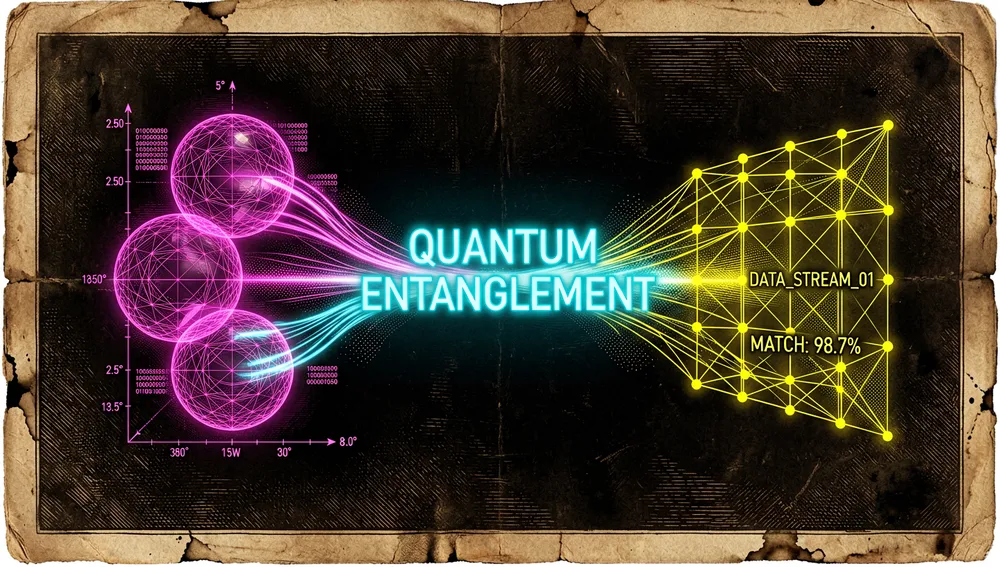 Visualización de búsqueda híbrida con una interfaz holográfica en modo oscuro que combina tres flujos de datos brillantes: esferas de similitud vectorial en magenta neón, caracteres de búsqueda de texto completo en cian brillante y cuadrículas de filtros estructurados en amarillo geométrico. Los flujos se fusionan en un único haz de resultados unificado.
