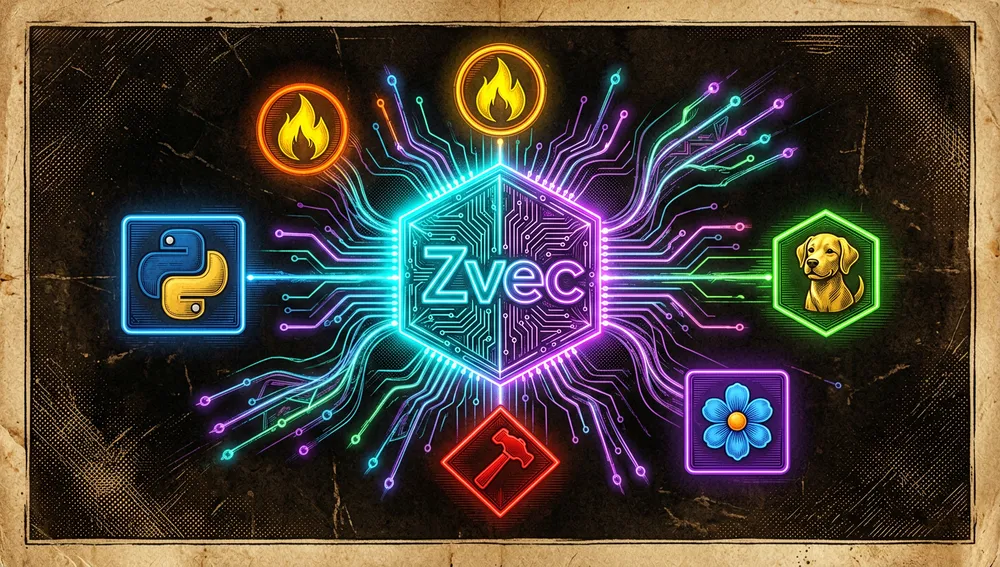 Red futurista de visualización de SDK multilenguaje. Un núcleo central brillante etiquetado "Zvec" emite zarcillos de datos neón hacia iconos holográficos flotantes que representan Python, Node.js, Go, Rust y Dart/Flutter. Estética cyberpunk en modo oscuro, nodos interconectados, acentos neón cian y morado luminosos.