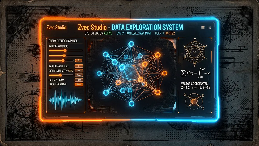 Interfaz de alta tecnología para exploración visual de datos, representando "Zvec Studio" como un panel holográfico en modo oscuro. La interfaz muestra clústeres vectoriales 3D brillantes, paneles interactivos de depuración de consultas y puntos de datos geométricos flotantes en un entorno oscuro cyberpunk.