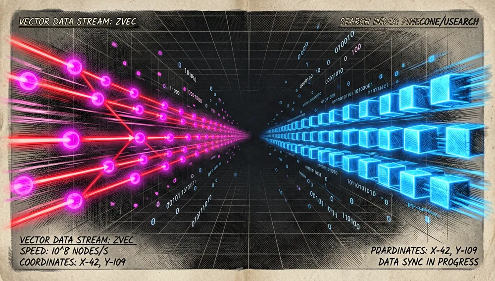 Visualización dinámica de batalla de benchmarks al estilo cyberpunk. Dos flujos de datos brillantes compitiendo a través de un vacío digital oscuro: un flujo etiquetado con nodos vectoriales magenta neón (representando a Zvec) moviéndose a alta velocidad, y otro flujo de cubos azul neón (representando a Pinecone/USearch). Estética de transferencia de datos de alta velocidad, efectos de desenfoque de movimiento, iluminación neón.