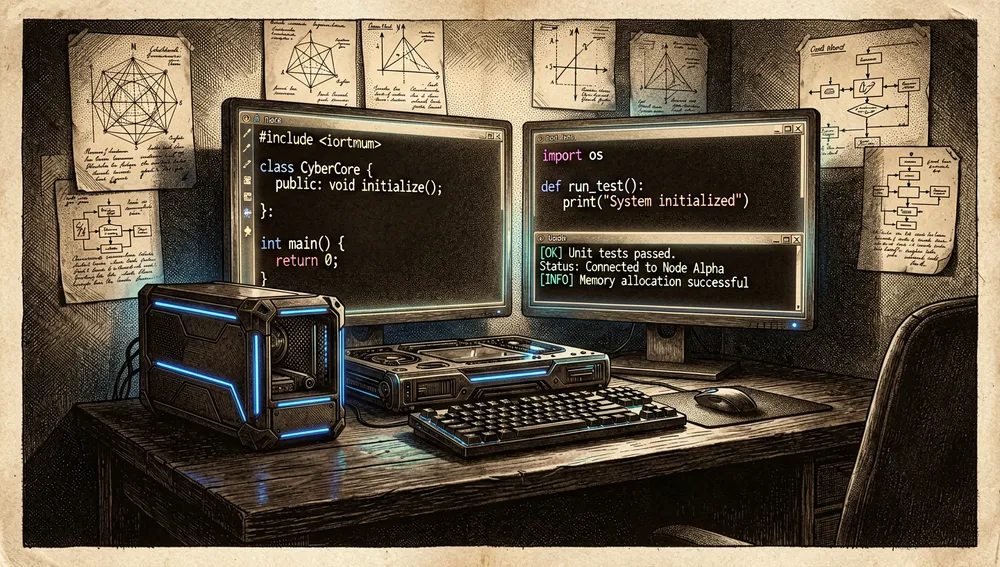 Configuración de espacio de trabajo de desarrollador futurista iluminada por pantallas de terminal brillantes en modo oscuro. Las pantallas muestran estructuras de código C++ y Python, ramas de Git y salidas de terminal de pruebas. Un equipo de escritorio cyberpunk elegante sobre un escritorio oscuro con iluminación RGB neón.