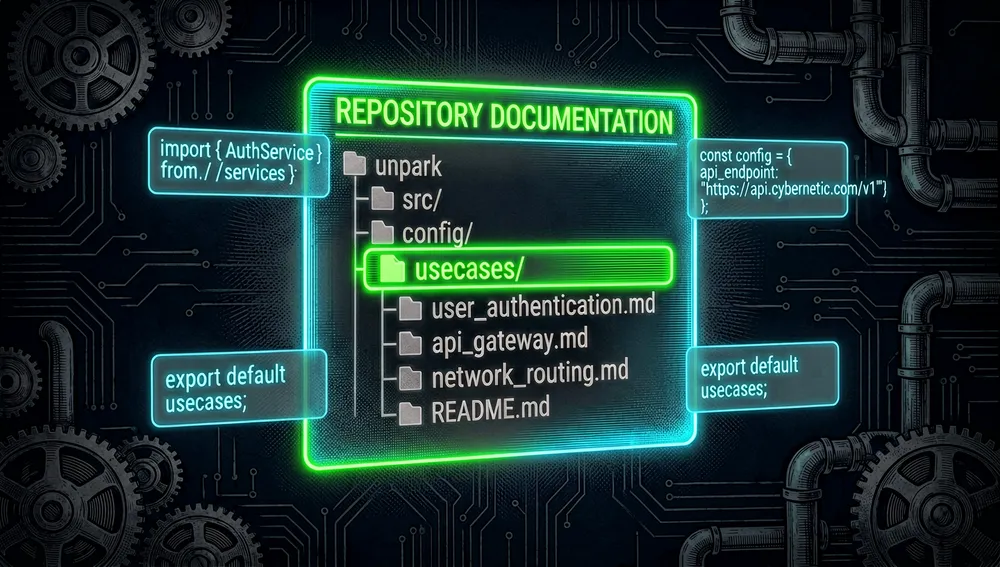 Close-up of a glowing holographic interface displaying a Markdown file structure. Neon text highlights the usecases/ directory, with floating lines of code and configuration snippets. Dark-mode aesthetic, cyberpunk tech vibe, glowing green and cyan typography on a dark obsidian background.