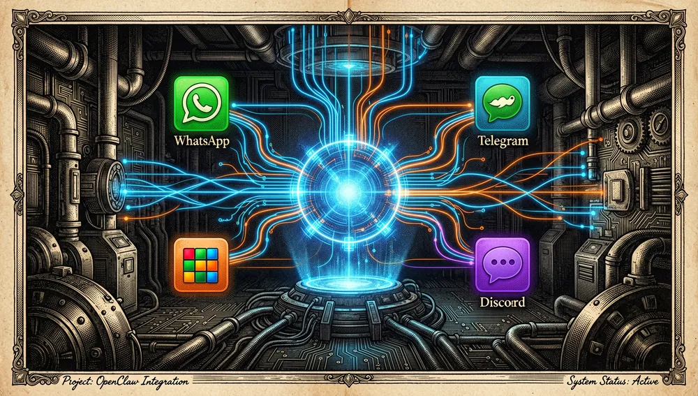 Futuristic, dark-themed workspace featuring a holographic control hub — the OpenClaw Gateway. Glowing connection lines branch out from the central core to floating icons representing messaging channels like WhatsApp, Telegram, Slack, and Discord. Cyberpunk aesthetic, neon blue and orange data streams, dark background.