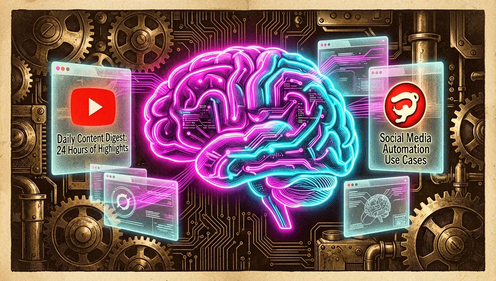 Abstract digital brain made of glowing neon circuitry, scanning and summarizing floating holographic screens showing YouTube and Reddit logos. Cyberpunk aesthetic, dark mode, vibrant magenta and cyan lights piercing through the darkness.