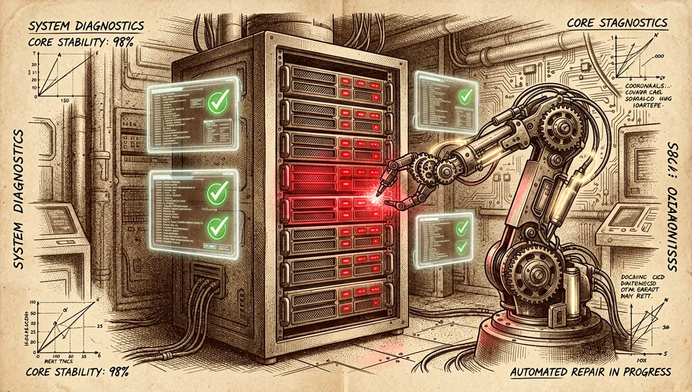 High-tech, dark-mode server rack inside a futuristic home lab, with a glowing robotic arm automatically repairing a flashing red server blade. Neon diagnostic screens display system logs and green checkmarks. Cyberpunk infrastructure aesthetic, deep shadows with bright neon green and blue accents.