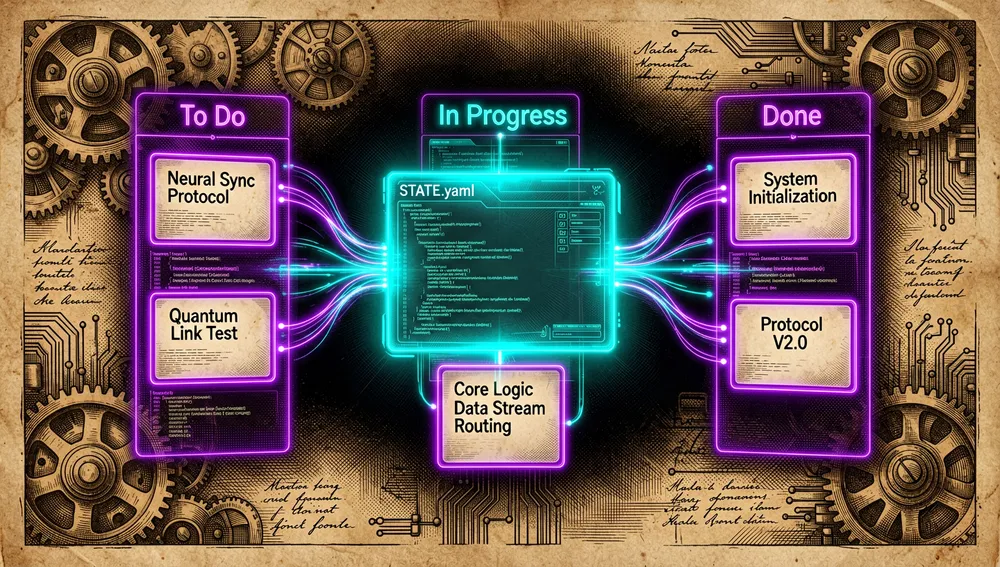 Futuristic project management dashboard floating in a dark void, with a glowing STATE.yaml file at the center orchestrating parallel tasks. Holographic cards move between glowing columns labeled "To Do," "In Progress," and "Done." Cyberpunk aesthetic, dark-mode UI, neon purple and cyan accents.