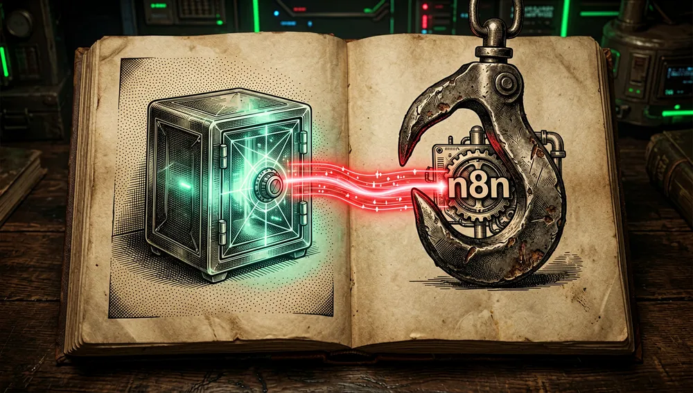 Glowing, translucent digital vault representing a secure credentials isolation system. A neon data stream routes through an external webhook gateway (n8n) while a mechanical claw icon waits safely outside the vault. Cyberpunk security aesthetic, dark background, bright neon red and green warning lights.
