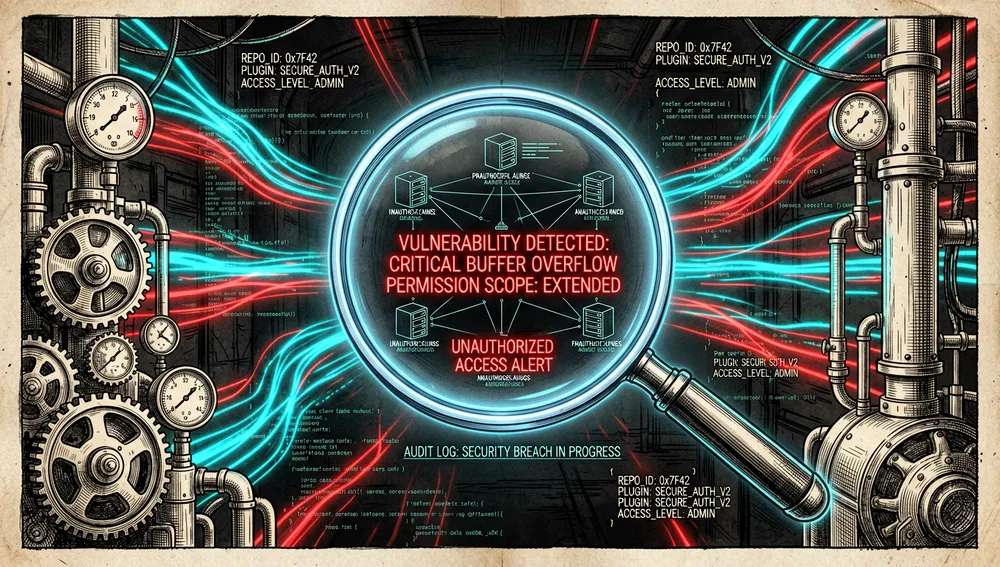 Digital cybersecurity inspection scene. A glowing magnifying glass hovers over a complex web of third-party plugins and code repositories, revealing hidden vulnerabilities and permission scopes in neon red text. Dark-mode cyberpunk aesthetic, dark-web background with glowing cyan and red data trails.