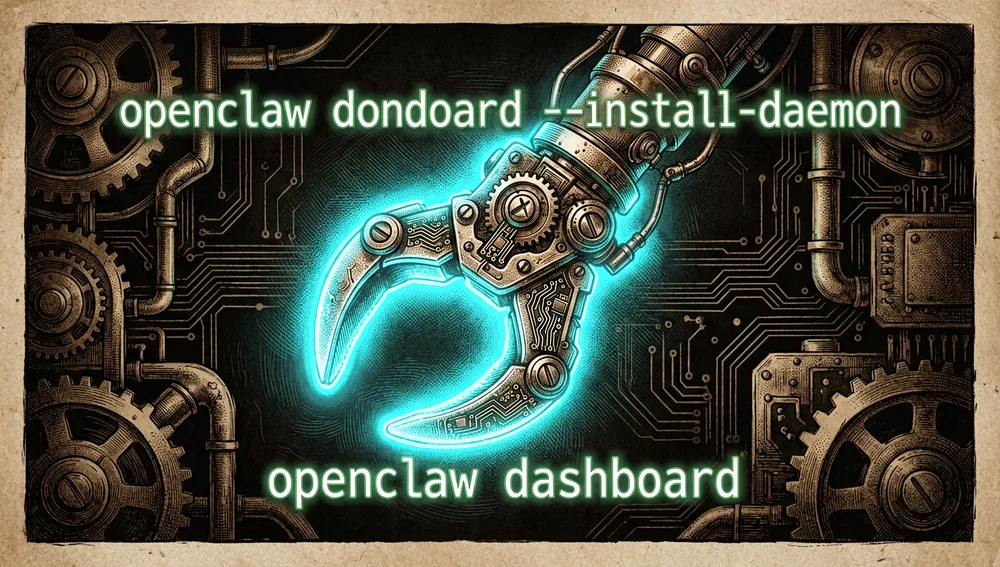 Futuristic command-line terminal interface on a dark, sleek monitor. Glowing neon text displays the commands openclaw onboard --install-daemon and openclaw dashboard. A holographic claw icon boots up in the center, radiating cyan light.