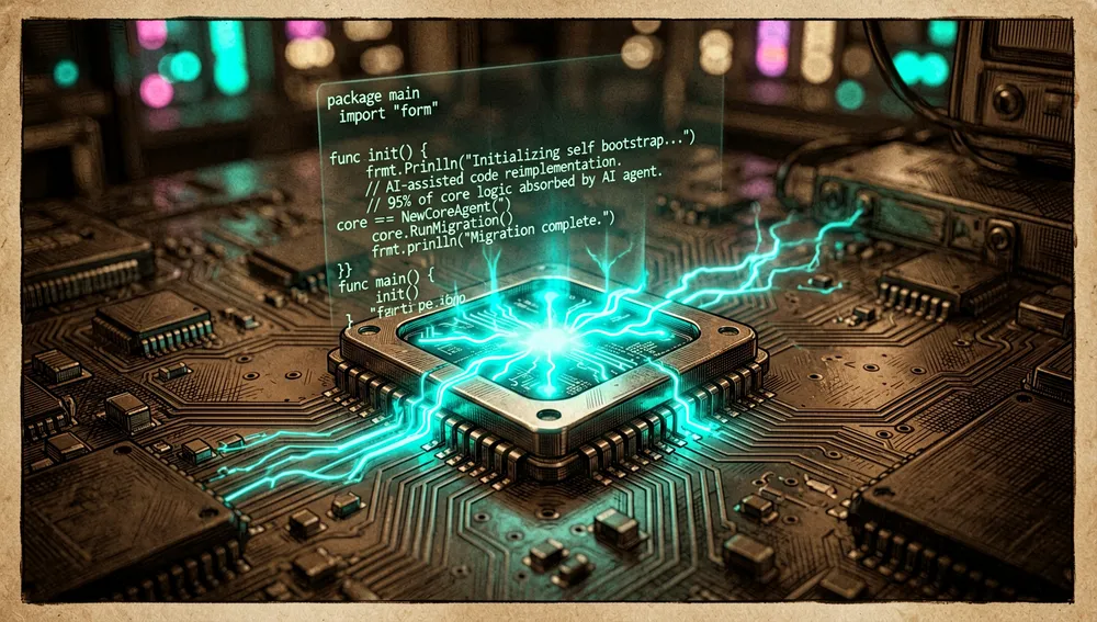 Close-up of a single tiny processor chip on a minimalist embedded development board, glowing with intense neon-turquoise energy from within. Ethereal glowing lines trace the path of a "bootstrapping" process — an AI agent participating in its own code migration and reimplementation — with ghostly, semi-transparent fragments of Go code floating around the chip, being absorbed into it.