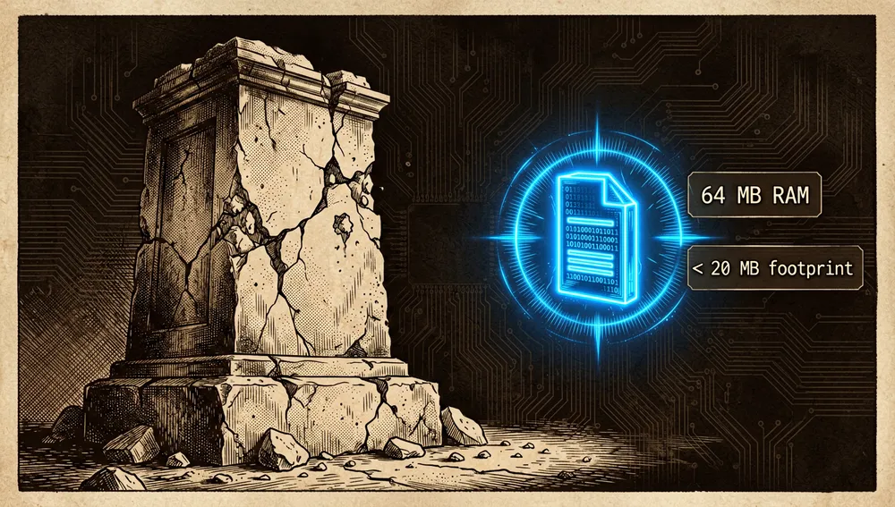 Visual representation of extreme software efficiency and anti-bloat philosophy. A massive, heavy, crumbling stone monolith representing bloated software infrastructure is contrasted with a tiny, sleek, sharp neon-blue executable binary floating gracefully above it, pulsing with a compact, focused energy field, alongside minimal UI elements showing "64 MB RAM" and "< 20 MB footprint".