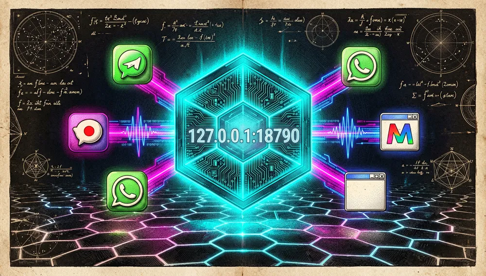 Intricate visualization of a cyberpunk network hub representing PicoClaw's gateway and its multi-channel messaging integration. A central glowing hexagonal core in neon cyan emits luminous fiber-optic data streams toward floating icons representing Telegram, Discord, WhatsApp, Slack, Matrix, and IRC, with the connections pulsing bright magenta and electric-blue data packets, and the core displaying "127.0.0.1:18790" in a subtle holographic projection.