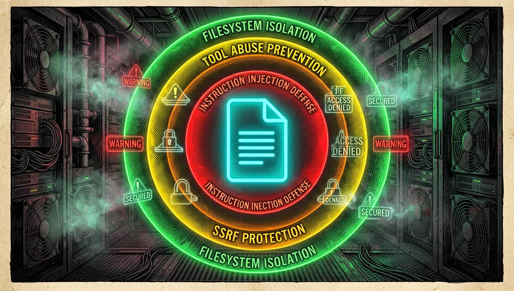 Conceptual digital vault representing PicoClaw's "defense in depth" security architecture. A central glowing cyan file icon is surrounded by multiple concentric translucent neon shields, each layer glowing a different hue — red for prompt injection defense, orange for SSRF protection, yellow for tool abuse prevention, and green for filesystem isolation — with holographic warning signals orbiting the outermost shield.