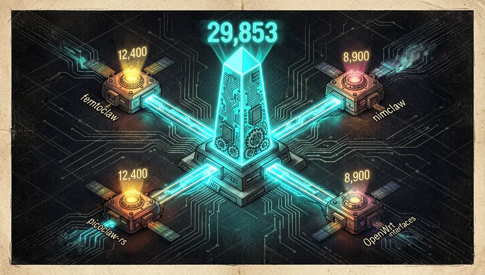 Expansive cyberpunk ecosystem map viewed from an elevated isometric angle. At the center sits a glowing neon-cyan monolithic obelisk representing the main PicoClaw repository, radiating intense light. Around the obelisk are smaller, glowing satellite nodes connected by luminous data bridges, representing community forks and ports like femtoclaw, nimclaw, picoclaw-rs, and OpenWrt interfaces, each pulsing with its own color and floating star-count numbers.