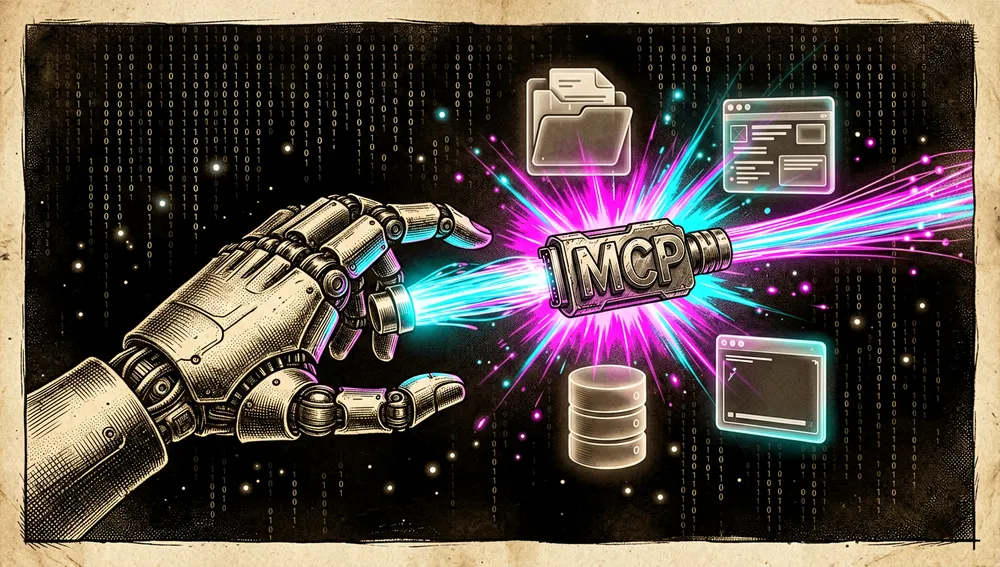Futuristic, glowing depiction of Model Context Protocol (MCP) integration. A sleek, dark robotic hand reaches out to plug a luminous fiber-optic cable into a port shaped like the MCP logo; as it connects, a burst of neon magenta and cyan energy erupts, illuminating surrounding floating tool icons — a filesystem, a web browser, a database, and a terminal — conveying the extensibility of adding external servers to the AI agent.