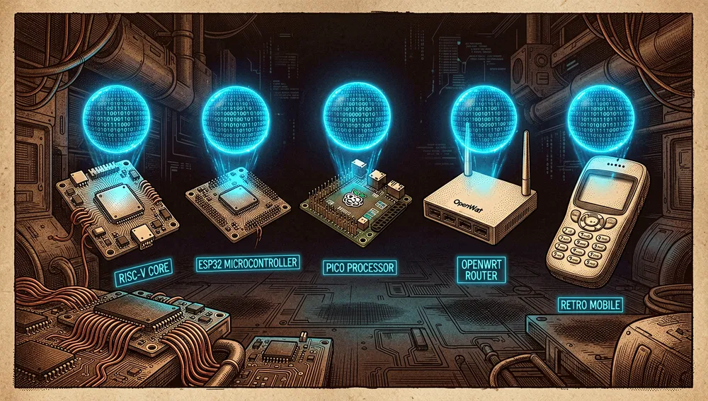 A diverse range of embedded hardware devices floating in a dark cyberpunk space, each one running a miniature glowing holographic AI assistant claw. The devices include a tiny RISC-V single-board computer, an ESP32 microcontroller, a Raspberry Pi Pico, an OpenWrt router, and a retro mobile phone, each emitting an identical faint neon-blue holographic sphere.