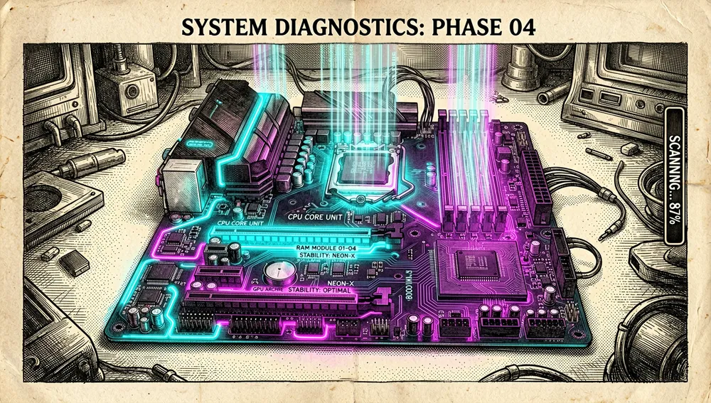 Ilustración cyberpunk oscura y ultra detallada de una placa base de computadora brillante y delineada en neón. Módulos de RAM y una GPU masiva están iluminados en cian y magenta vibrantes, con flujos de datos holográficos escaneando los componentes de hardware, representando la fase de detección de hardware e inspección del sistema.