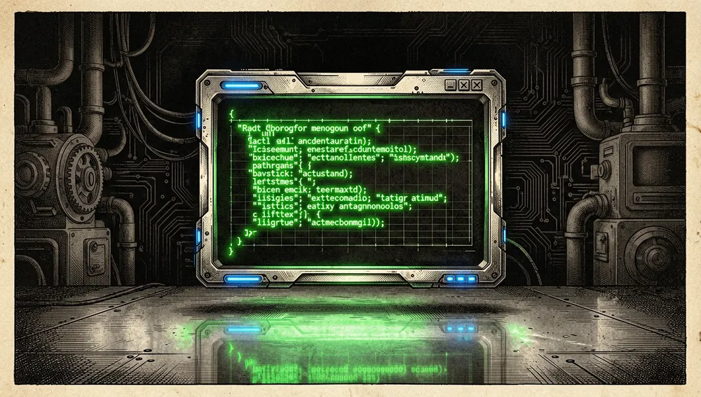 Ilustración conceptual de UI cyberpunk en modo oscuro y ultra detallada: una ventana de terminal de línea de comandos futurista flotando en un vacío oscuro, mostrando texto verde neón y tablas de datos JSON estructuradas. El texto brilla suavemente, proyectando un reflejo neón sobre una superficie metálica abstracta debajo, representando el modo CLI y la salida JSON para automatización y agentes.