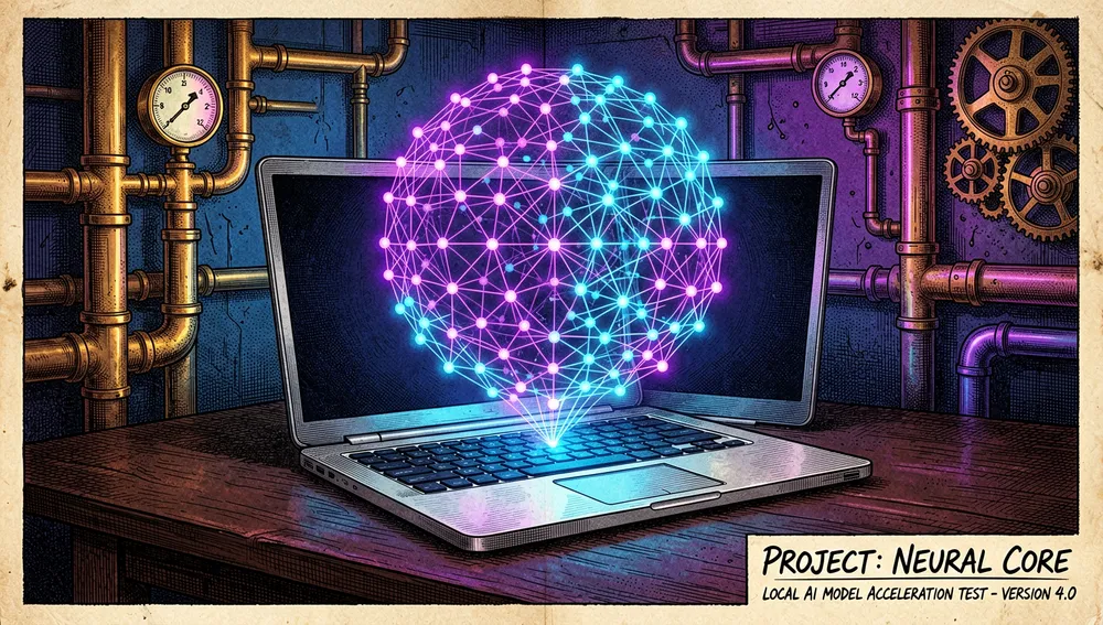 Render 3D ultra detallado inspirado en cyberpunk de una laptop elegante que emite una masiva red neuronal holográfica brillante. El holograma forma una esfera perfecta de nodos neón interconectados, flotando sobre la pantalla de la laptop, bañada en luz neón azul y morado profundo, representando el origen de la herramienta: justificar la compra de una laptop potente para ejecutar modelos de IA locales.