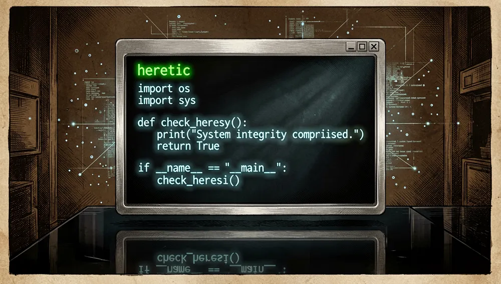 Interfaz de terminal en modo oscuro brillando en una pantalla negra, mostrando la palabra heretic en verde neón brillante en el prompt de comando, con líneas en cascada de registros de ejecución de Python desplazándose debajo en texto cian monoespaciado. La ventana de terminal flota en un entorno cyberpunk oscuro con partículas de datos holográficas sutiles a la deriva en el fondo.