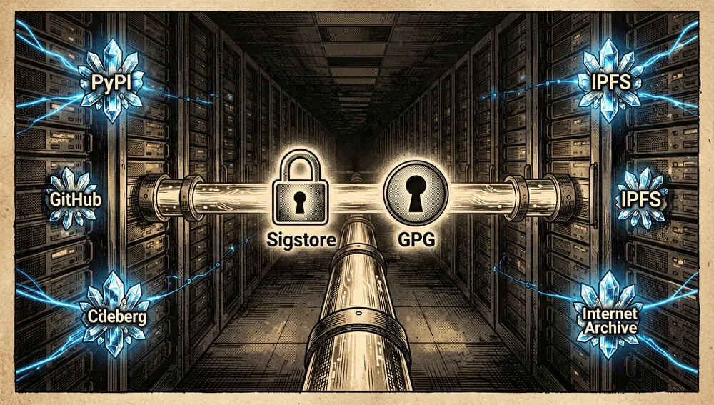 Ilustración digital conceptual de verificación de cadena de suministro en un ecosistema de software: un corredor infinito y oscuro de servidores espejados reflejándose entre sí, con iconos de sellos criptográficos brillantes —firmas Sigstore y GPG— flotando como orbes centinela a lo largo de un canal de datos luminoso. Nodos de distribución redundantes representados como hubs cristalinos interconectados (PyPI, GitHub, Codeberg, IPFS, Internet Archive) pulsando con luz neón azul sincronizada.