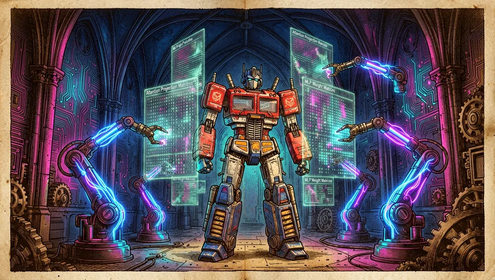 Ilustración estilizada al estilo cyberpunk de la arquitectura interna de un modelo Transformer siendo desmontada y reensamblada sin ajuste manual: paneles holográficos flotantes muestran matrices de proyección de atención y matrices de pesos MLP como cuadrículas de números brillantes. Brazos robóticos autónomos de luz —hechos de energía pura en vez de metal— ajustan y ortogonalizan las matrices con precisión quirúrgica, sin operador humano presente.