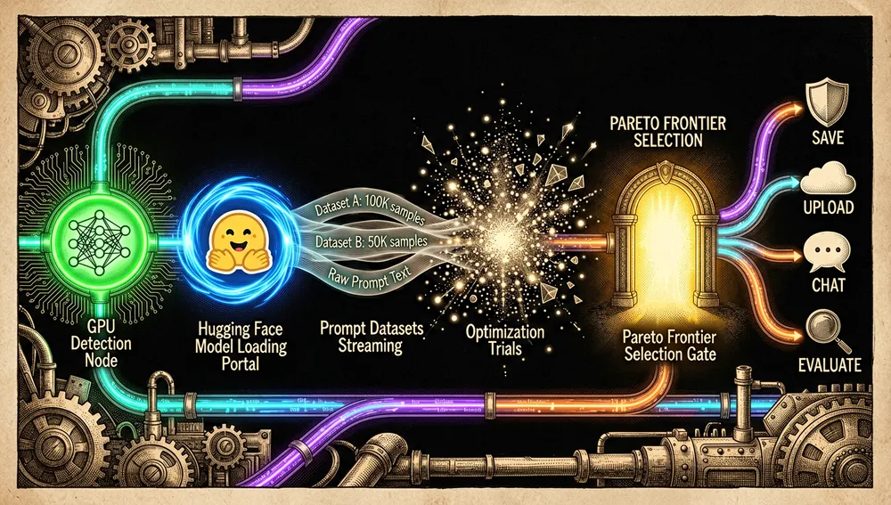 Centro de mando futurista que visualiza el flujo de trabajo completo de Heretic como un recorrido luminoso a través de un paisaje digital oscuro. La tubería fluye de izquierda a derecha: un nodo de detección de GPU brillando en verde, un portal de carga de modelos de Hugging Face girando en luz azul, conjuntos de indicaciones fluyendo como cintas de texto, ensayos de optimización estallando como supernovas de puntos de datos, y una puerta final de selección del frente de Pareto brillando en dorado. Al final, caminos ramificados llevan a íconos de guardar, subir, conversar y evaluar. Toda la escena está conectada por conductos de datos neón fluyendo sobre un fondo negro profundo.