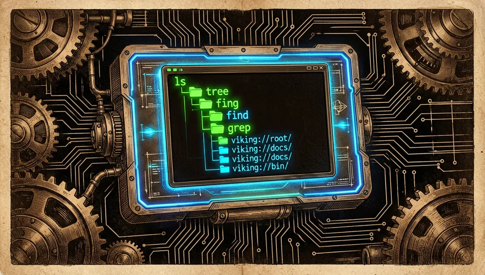 Futuristic dark-mode terminal interface showing a glowing file system tree expanding outward. Neon green and blue text shows commands like ls, tree, find, and grep operating over a virtual viking:// protocol space. The terminal is embedded in a sleek, dark holographic control panel.