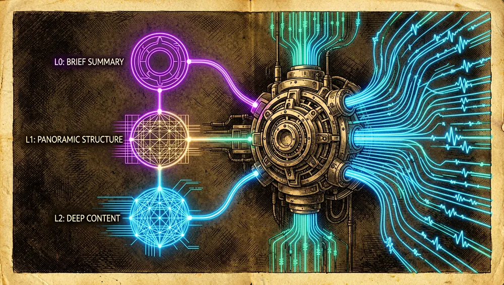 Conceptual digital art piece showing the data ingestion pipeline of an AI system. Raw information flows from the right into a central processing core, splitting into three distinct glowing neon layers: a brief summary node (L0), a panoramic structural node (L1), and a deep, complex content node (L2).