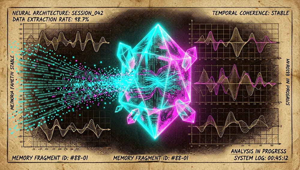 Sleek, futuristic AI memory extraction process visualized in a dark cyberpunk environment. Glowing data particles are selectively pulled from a chaotic digital stream of a user session, forming a structured, crystalline "long-term memory" shard. The background features subtle, dark holographic graphs and temporal weighting scales.