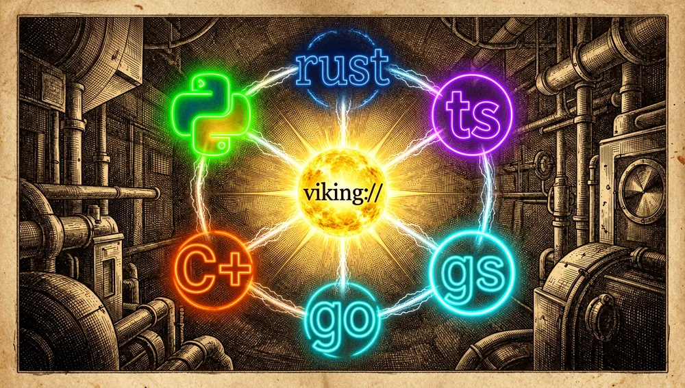 Futuristic, dark-themed computer setup representing a multi-language software architecture. Glowing holographic symbols of Python, Rust, TypeScript, C++, and Go orbit around a central, unified viking:// core. The code languages are represented by distinct neon colors, seamlessly interacting in a digital space.
