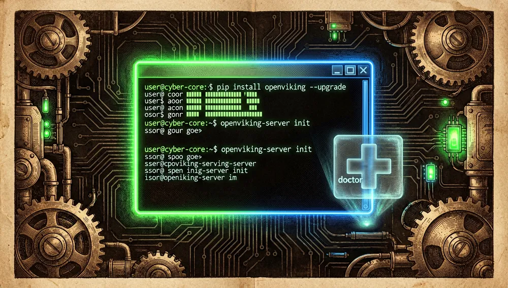Futuristic command-line interface running on a dark-mode terminal, showing the execution of "pip install openviking --upgrade" and "openviking-server init". Glowing neon text reflects off a sleek metallic surface. The background features abstract, dark circuitry and a subtle holographic medical cross icon for the "doctor" command.