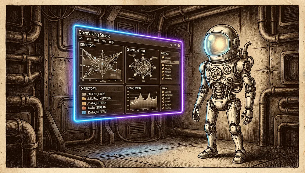 Futuristic web dashboard interface floating in a dark, cyberpunk virtual space, representing "OpenViking Studio". The holographic UI displays complex AI agent traces, memory graphs, and resource directories. A sleek, robotic AI assistant avatar, representing "VikingBot", stands guard beside the interface.