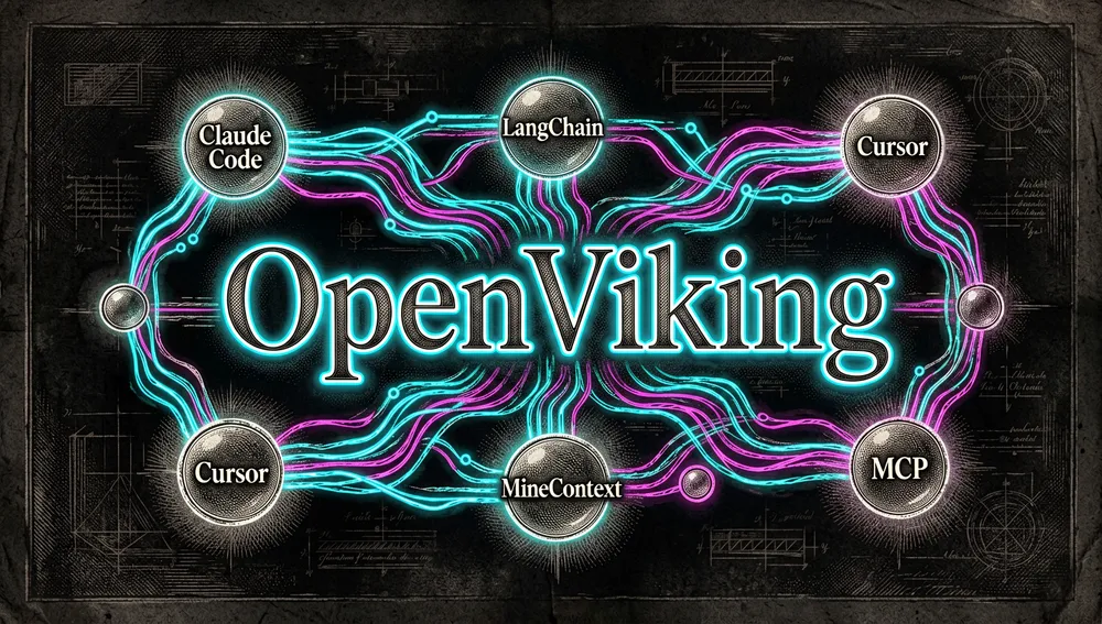 Digital map of a software ecosystem centered on the glowing text "OpenViking". Surrounding it are interconnected, glowing neon nodes representing partner projects and integrations like "Claude Code", "LangChain", "Cursor", "MineContext", and "MCP". The connections pulse with flowing data streams in neon cyan and magenta.