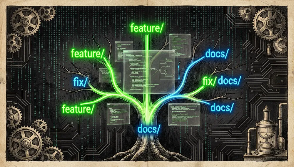 Conceptual representation of version control and open-source contribution in a cyberpunk dark mode style. A glowing digital repository tree branches out, with neon highlighted paths labeled feature/, fix/, and docs/. Holographic code snippets float around a central commit log. The background is a deep, dark tech environment with subtle binary code rain.