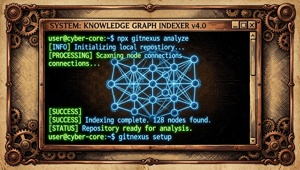Futuristisches Kommandozeilen-Interface (CLI)-Terminalfenster, gerendert im dunklen Cyberpunk-Stil. Neongrüner und elektrisch-blauer Text strömt über den schwarzen Bildschirm und zeigt Befehle wie "npx gitnexus analyze" und "gitnexus setup". Ein holografisches 3D-Drahtgittermodell eines Wissensgraphen rotiert langsam innerhalb des Terminals und symbolisiert die lokale Indizierung eines Repositorys.
