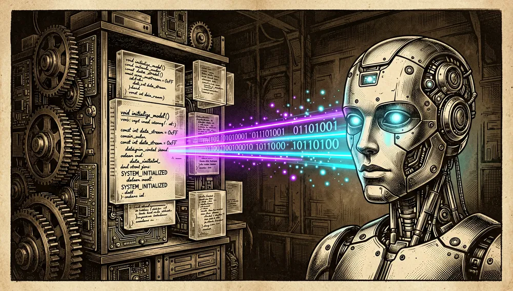 Konzeptionelles digitales Kunstwerk, das die Verbindung des Model Context Protocol (MCP) darstellt. Eine hochtechnologische, leuchtende Datenbrücke verbindet eine massive, dunkle Code-Repository-Struktur links mit einem futuristischen KI-Roboterkopf rechts. Neonlila und cyanfarbene Datenpakete fließen kontinuierlich über die Brücke.