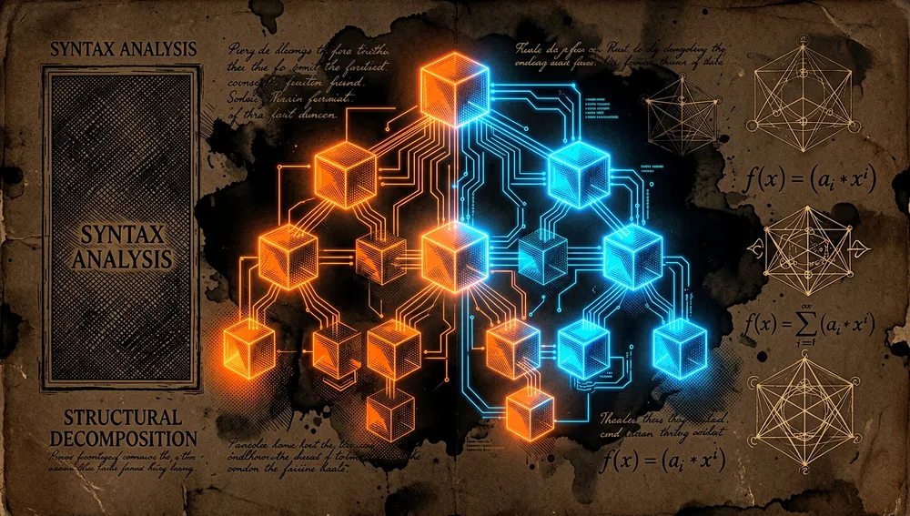Abstrakte Visualisierung von Tree-sitter, das einen abstrakten Syntaxbaum (AST) parst. Dunkler Hintergrund mit leuchtenden, miteinander verbundenen geometrischen Blöcken, die Codesyntax und Symbole darstellen. Neonorangene und elektrisch-blaue Linien zeichnen die strukturellen Beziehungen des Codes nach.