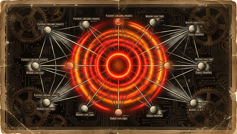 Visuelle Darstellung der "Impact-Analyse" in einer Codebasis. Ein einzelner, zentraler, leuchtender Neonknoten in einem dunklen Graphnetzwerk sendet eine pulsierende rot-orange Schockwelle aus, die verbundene Knoten und Pfade beleuchtet, um den Wirkungsradius einer Codeänderung zu zeigen.