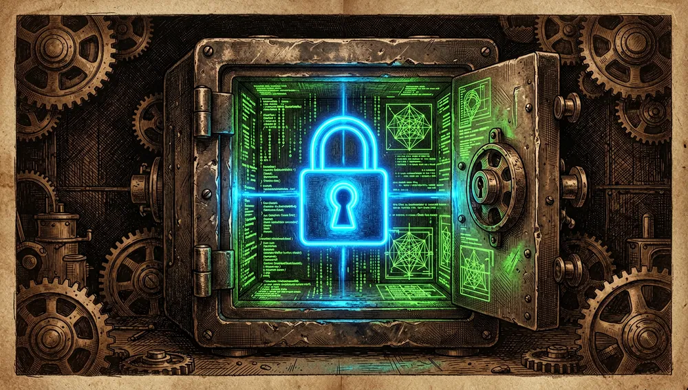 Konzeptionelles Bild lokaler Ausführung und Privatsphäre. Ein leuchtendes, hochtechnologisches Schlosssymbol aus neonblauem Licht schützt einen sicheren, dunklen metallischen Tresor mit leuchtenden grünen Codestrukturen und Graphdaten. Keine externen Verbindungen sind sichtbar, was die lokale Kontrolle betont.