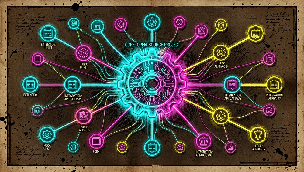 Visualisierung eines digitalen Ökosystems, das mehrere kleinere leuchtende Knoten zeigt, die sich mit einem massiven, zentralen Neonkern verbinden, beschriftet mit abstrakter Tech-Ikonografie. Repräsentiert das Ökosystem von Erweiterungen, Forks und Integrationen rund um ein zentrales Open-Source-Projekt.