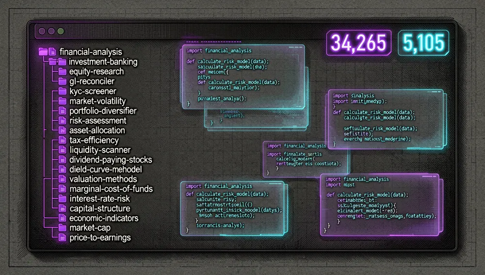 Ilustración cyberpunk llamativa de un centro de control de servicios financieros impulsado por IA. Un cerebro holográfico brillante de IA hecho de patrones de circuitos se sitúa en el centro, rodeado de paneles holográficos flotantes que muestran modelos DCF, análisis LBO, gráficos de investigación de renta variable y documentos de cumplimiento KYC. Flujos de datos neón azules y verdes conectan el núcleo de IA con terminales financieras.