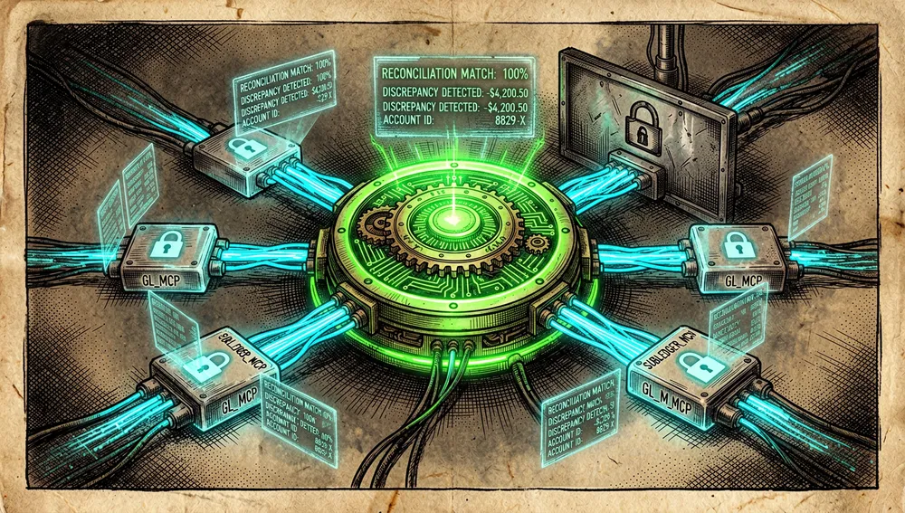 Ilustración cyberpunk conceptual del principio de humano en el circuito en la IA financiera. Una mano robótica brillante hecha de patrones de circuitos se extiende hacia un libro mayor financiero pero es detenida por una barrera translúcida, mientras una mano humana profesional con un sello de revisión brillante flota encima. Señales de advertencia neón y símbolos de precaución flotan alrededor de la escena.