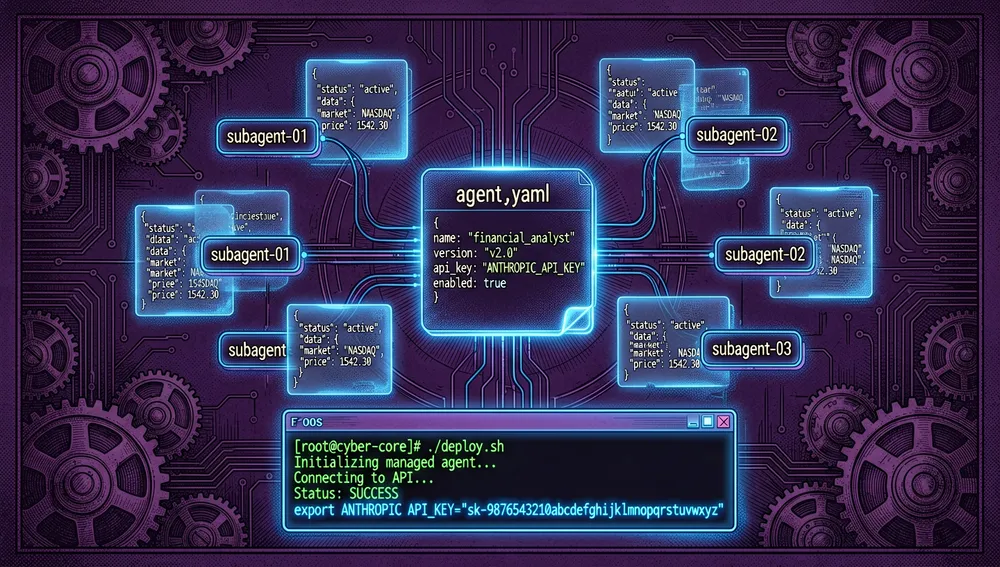 Visualización cyberpunk del pipeline de despliegue de agentes gestionados. Un archivo de configuración YAML brillante flota en el centro mostrando "agent.yaml" con nodos de subagentes ramificándose a profundidad uno. Los ejemplos de dirección se manifiestan como documentos JSON holográficos orbitando alrededor del núcleo del agente. Un script de despliegue se ejecuta en un terminal neón en la parte inferior con la variable ANTHROPIC_API_KEY brillando.