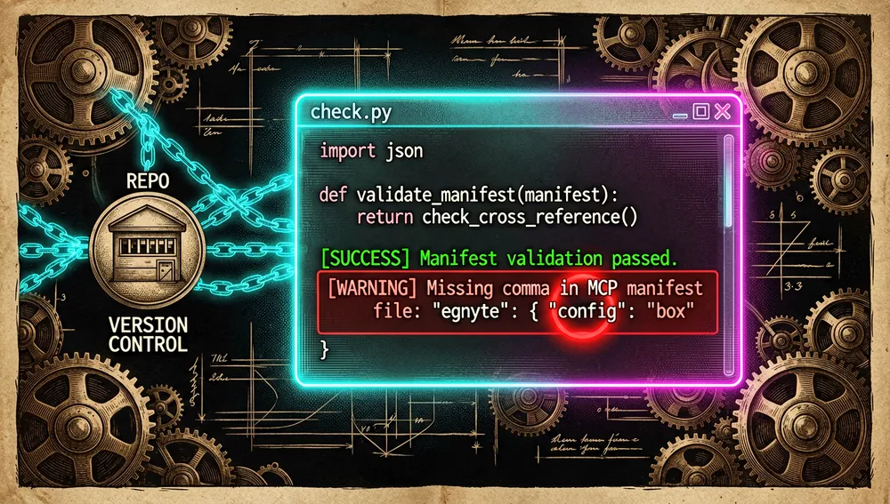 Escena cyberpunk de depuración y validación mostrando el script check.py ejecutándose en un entorno de terminal oscuro. Texto neón brillante muestra resultados de validación de manifiestos y comprobaciones de referencias cruzadas. Una señal de advertencia holográfica resalta una coma faltante en un archivo de manifiesto MCP JSON entre las configuraciones de egnyte y box. Los ganchos de Git se visualizan como cadenas brillantes conectadas a un icono de repositorio.