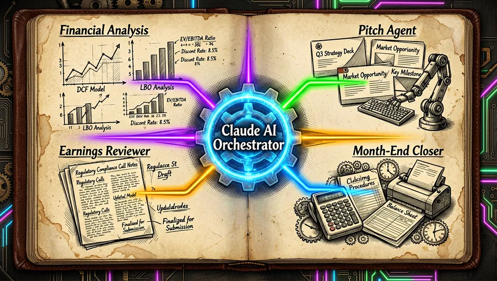Visualización cyberpunk de un pipeline de flujo de trabajo financiero mostrando cuatro flujos paralelos: análisis financiero con modelos DCF y LBO fluyendo hacia gráficos de comparables, un agente de presentaciones generando diapositivas de marca, un revisor de resultados procesando llamadas regulatorias en borradores de modelo actualizados, y un cerrador de fin de mes recorriendo procedimientos de cierre. Cada flujo brilla con colores neón diferentes y se conecta a un orquestador central de IA de Claude.