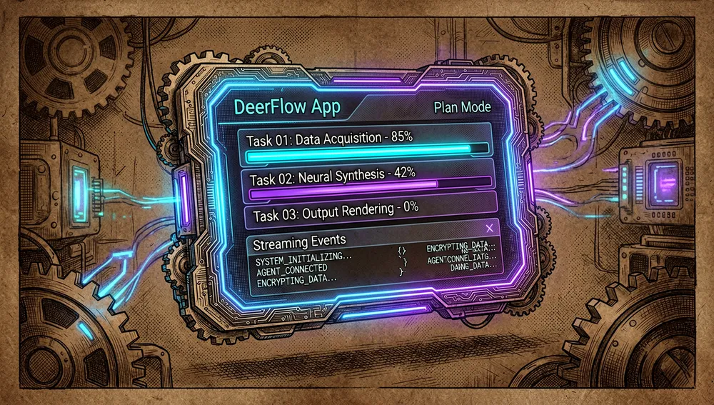 Futuristic dark mode UI dashboard floating in mid-air, displaying a complex multi-step task list with neon blue and purple progress indicators. The interface shows "Plan Mode" with visible task queues, streaming events, and code artifacts.
