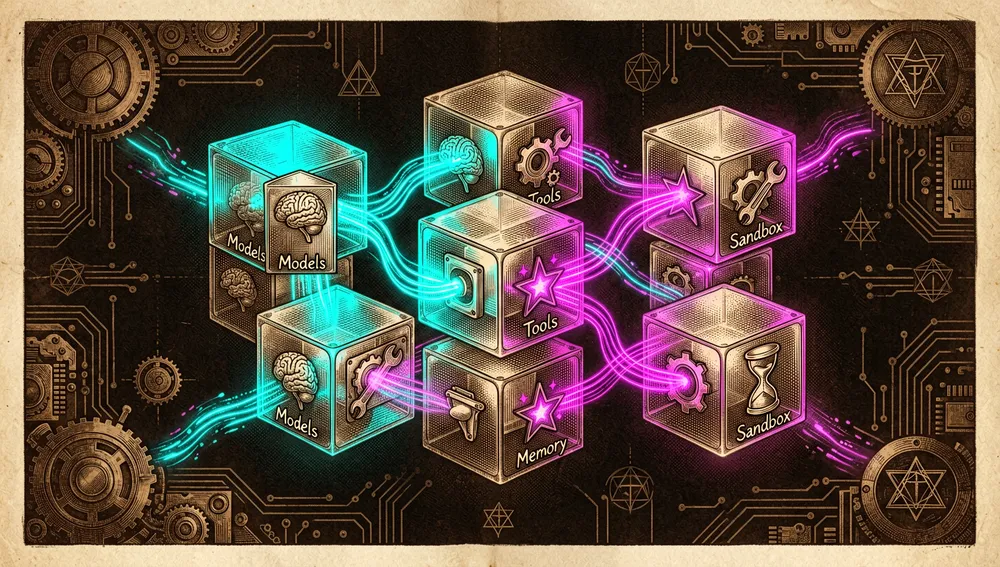 Ultra-detailed 8K abstract visualization of a modular system architecture. Glowing neon lines connect interchangeable, transparent cubic modules labeled with icons representing "Models", "Tools", "Memory", and "Sandbox". The modules float in a dark, cyberpunk void, illustrating the principle of substitutable components in the DeerFlow Harness.