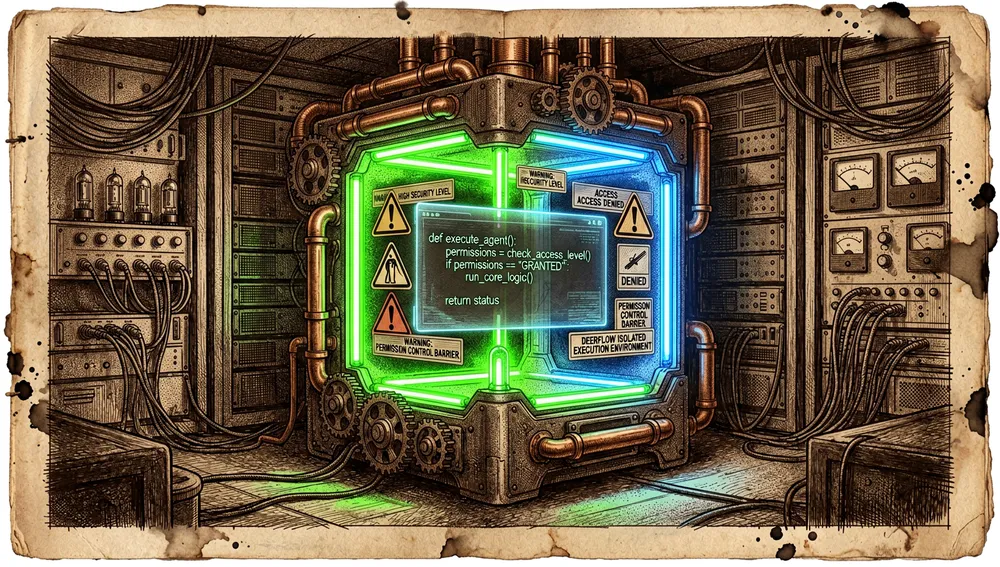 Cyberpunk-inspired digital vault or isolated sandbox container, glowing with intense neon green and blue light, situated within a dark, heavily secured server environment. The container holds an AI agent executing code, surrounded by holographic warning signs and permission control barriers.