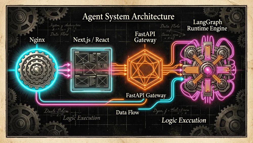 Highly detailed 8K dark mode architectural diagram rendered as a glowing neon hologram. It shows the flow of data from an Nginx entrance point to a Next.js/React interface, down to a FastAPI gateway, and into the core LangGraph runtime engine. Cyberpunk tech aesthetic with neon blue, pink, and orange lines tracing the data pathways in a dark void.